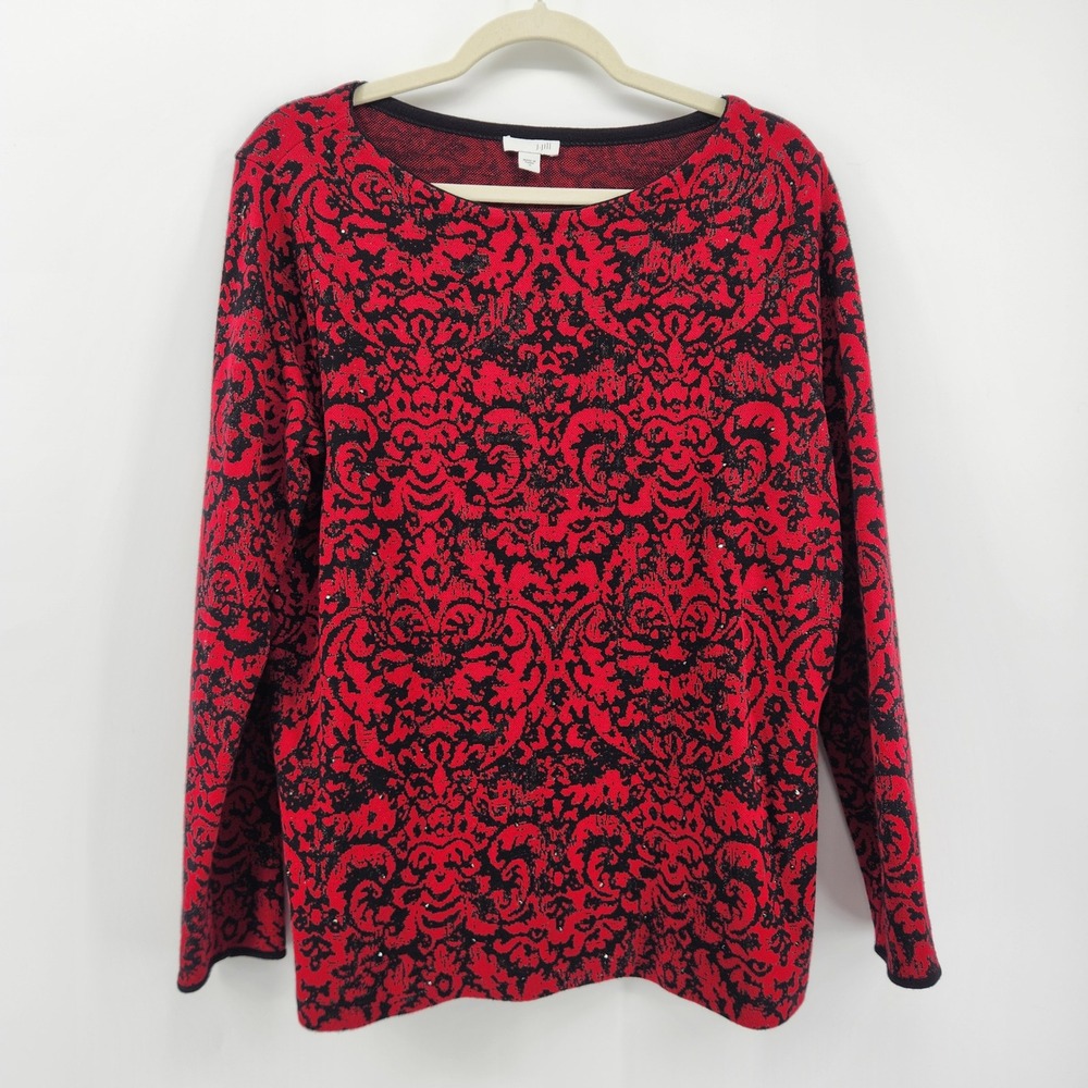 J Jill Women's Red Black Damask Sequin‎ Long Sleeve Crew Neck Sweater Size M